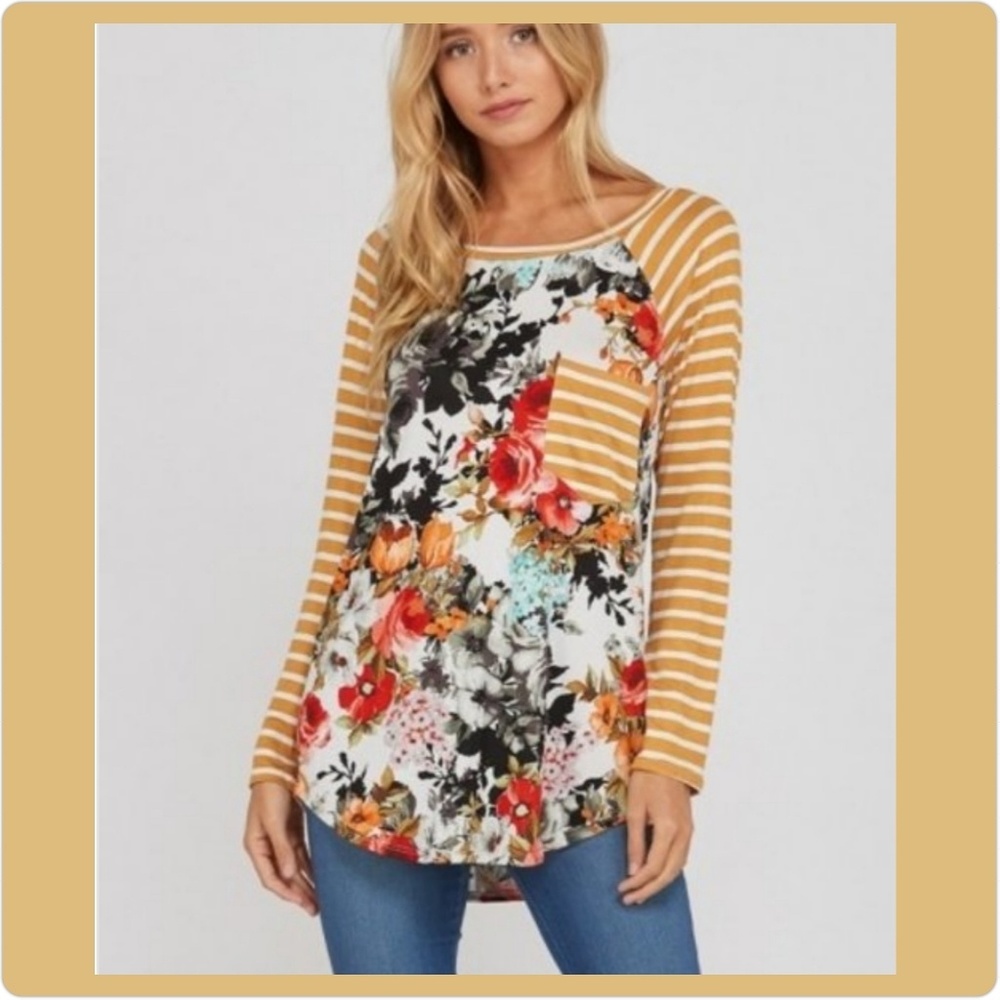 Mustard Yellow stripes and Floral Top